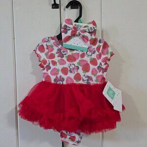 NEW Disney Baby Girl Skirted Tulle ShortSleeve Strawberry Romper & Headband 6/9M